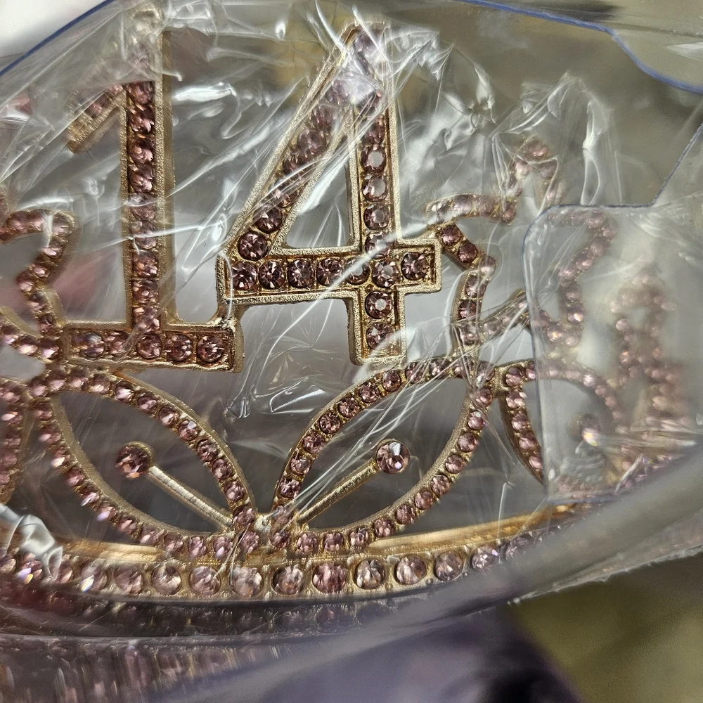 NWT 14th Birthday Party Princess Tiara and Sash in Gold and Pink Rhinestones